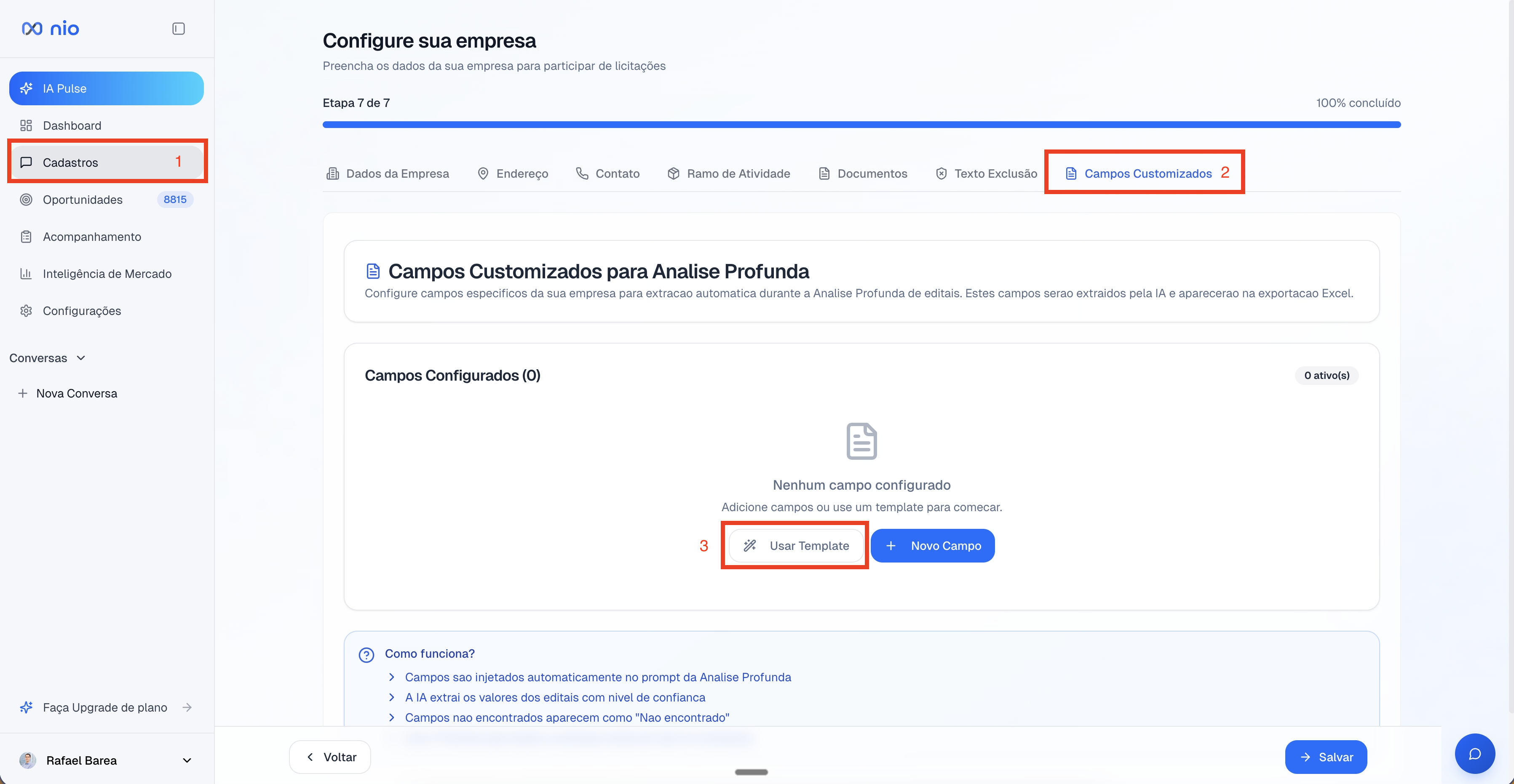 Tela inicial de Campos Customizados