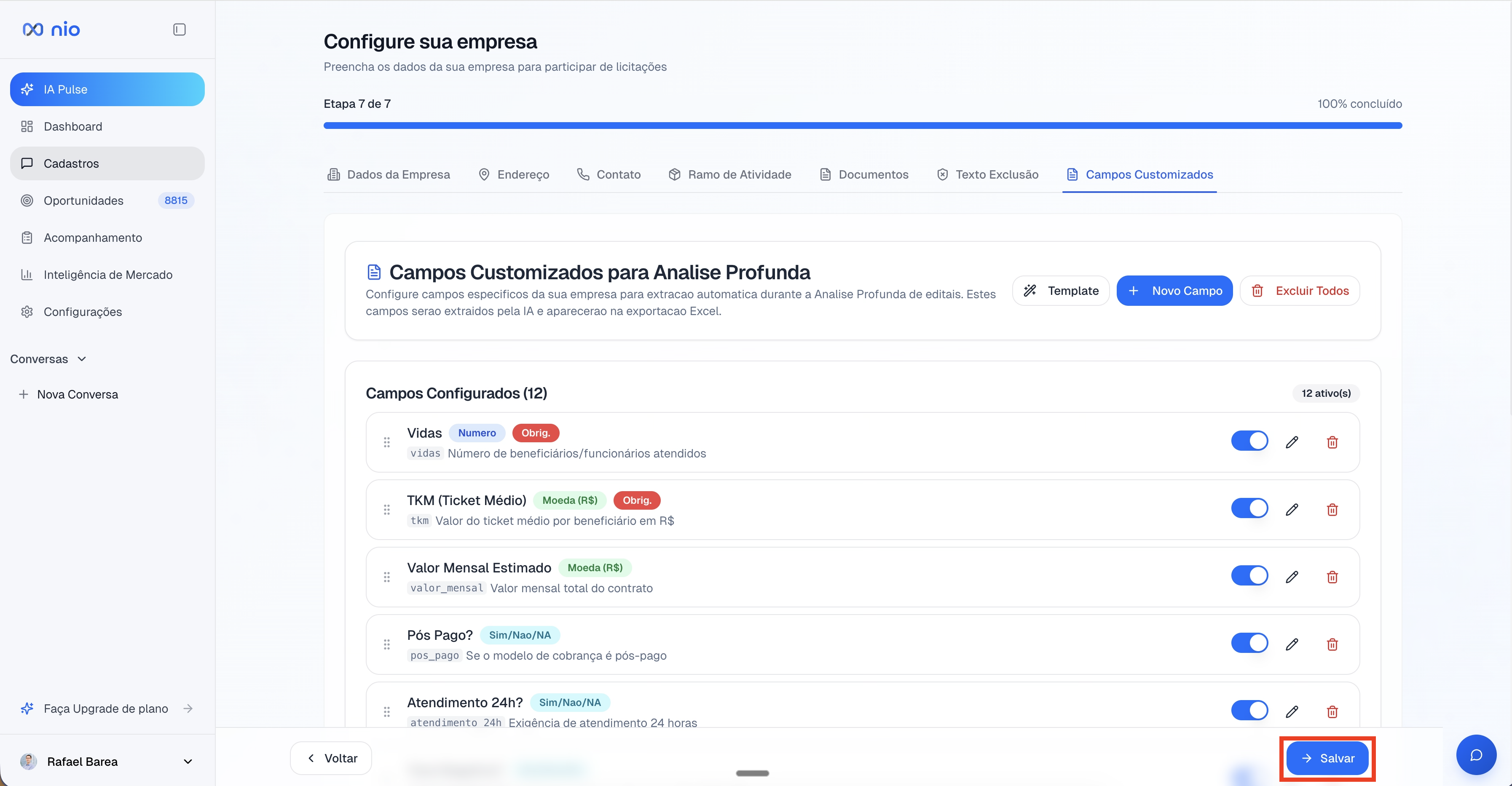 Campos configurados com controles