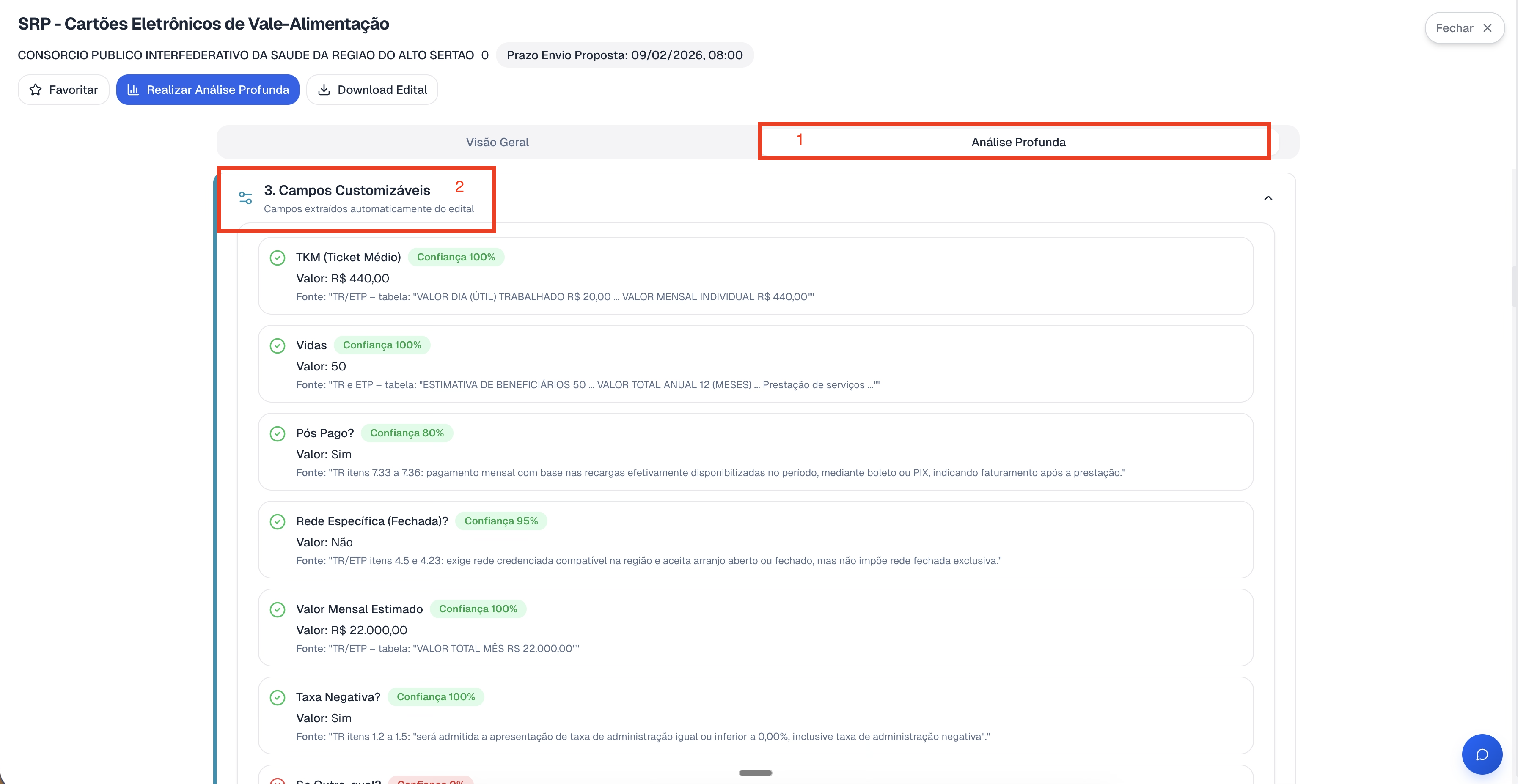 Resultados dos campos customizados na Análise Profunda